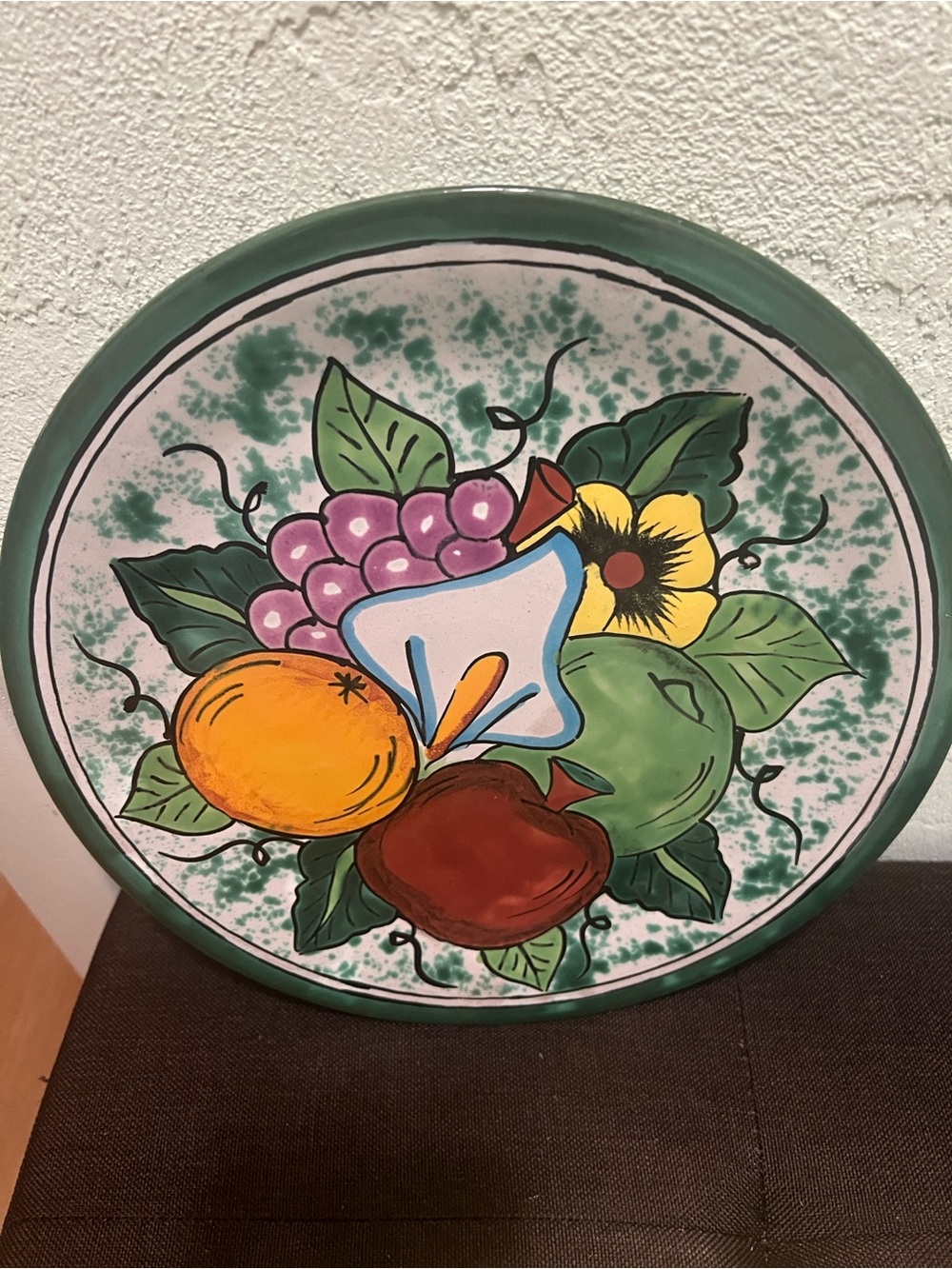 #2047* Vintage Hand-Painted Green Floral Fruit Ceramic Wall Plate